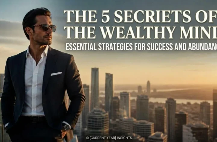 An elegant businessman in a suit standing against a city skyline backdrop, featuring the text: The 5 Secrets of the Wealthy Mind - Essential Strategies for Success and Abundance.