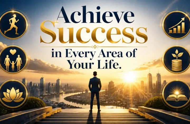 A businessman standing on a rooftop looking at a sunlit city skyline, surrounded by six golden icons representing life areas like health, family, finances, and personal growth.