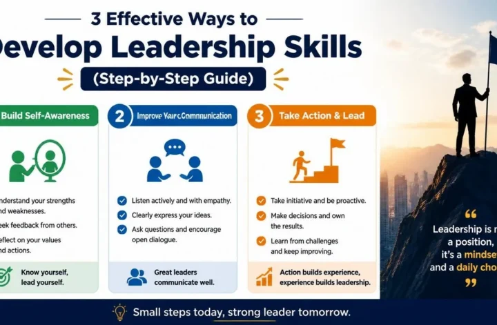 Infographic showing 3 effective ways to develop leadership skills step-by-step guide.
