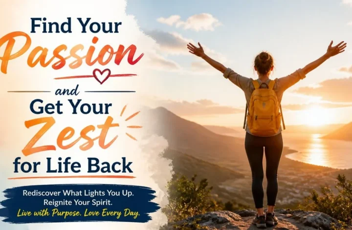 A woman with a backpack standing on a mountain peak looking at the sunrise, representing finding passion and zest for life.
