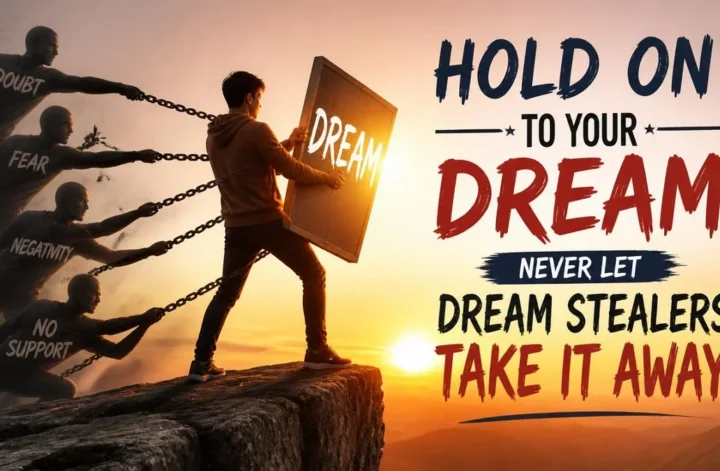 An inspirational concept image of a young man holding a shield labeled DREAM, pulling chains against negative figures representing Doubt, Fear, Negativity, and No Support, with the text Hold On To Your Dream.