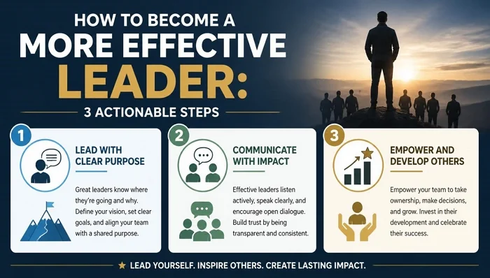 Infographic showing 3 actionable steps to become a more effective leader