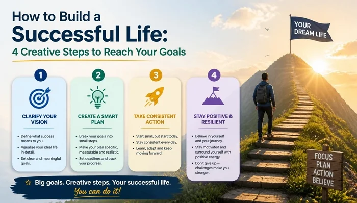 Infographic showing four creative steps to build a successful life and reach your goals
