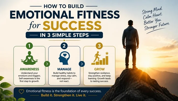 Infographic showing how to build emotional fitness for success in 3 simple steps.