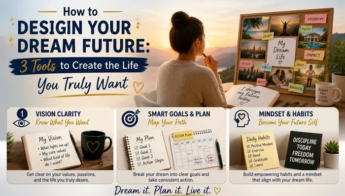 Infographic checklist showing 3 tools to create the life you truly want and design your dream future.