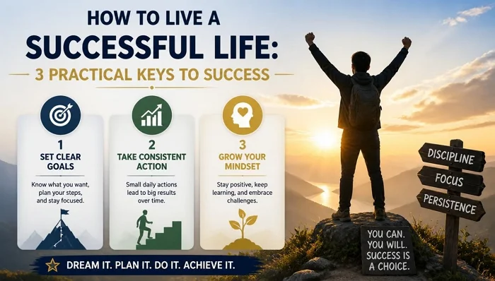 An infographic showing 3 practical keys to success on how to live a successful life, featuring a person standing on a mountain peak.