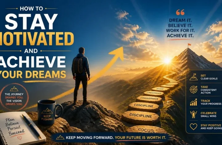 An inspirational infographic on how to stay motivated and achieve your dreams, showing a person climbing a mountain pathway.