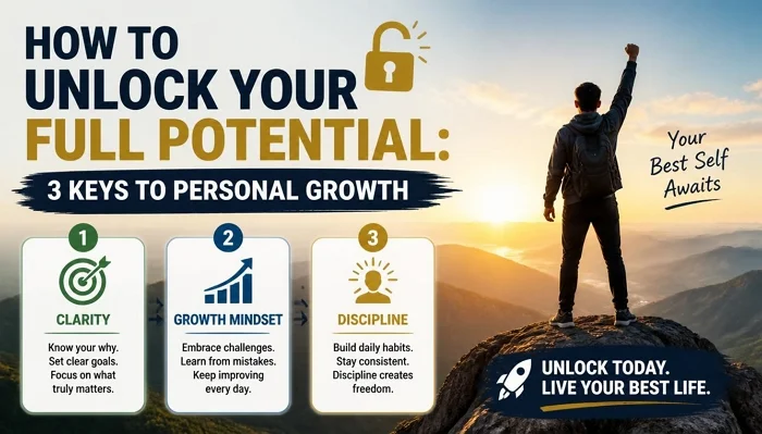 Infographic showing 3 keys to personal growth: clarity, growth mindset, and discipline to unlock your full potential