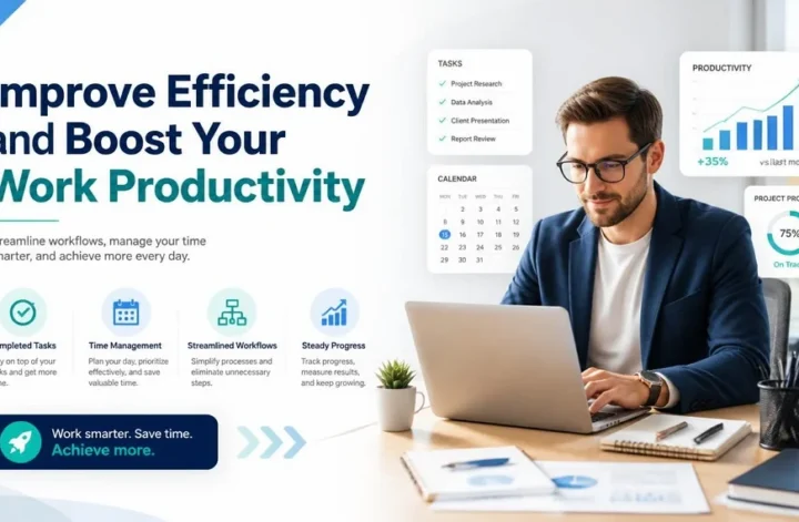 A professional man working on a laptop at his office desk with graphics showing productivity improvement, efficiency icons, and a calendar.