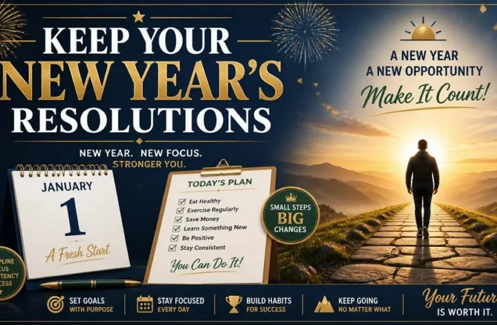 An inspirational graphic for keeping New Year's resolutions featuring a January 1st calendar, a daily plan checklist, and a person walking towards the sunrise.