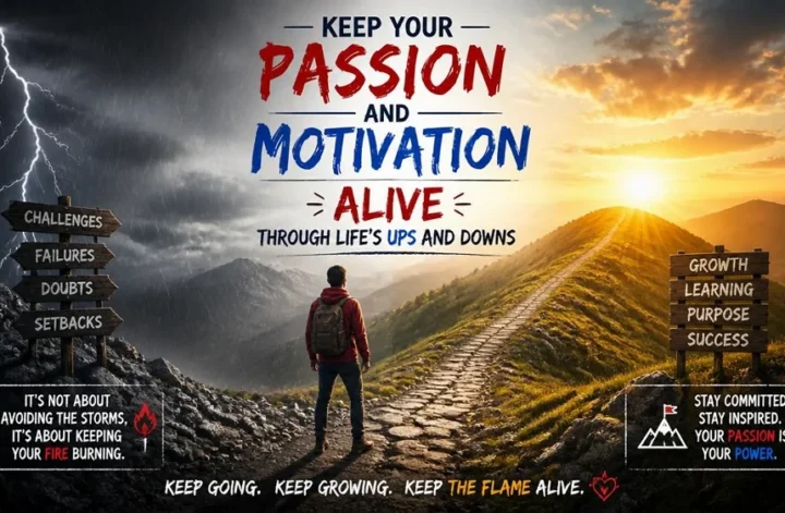 An inspirational graphic showing a man standing at a crossroads between a stormy path with challenges and a sunny mountain path with growth, text reads Keep Your Passion and Motivation Alive.