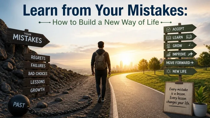 A man walking down a sunny path toward future success, leaving behind signs of past mistakes and regrets.