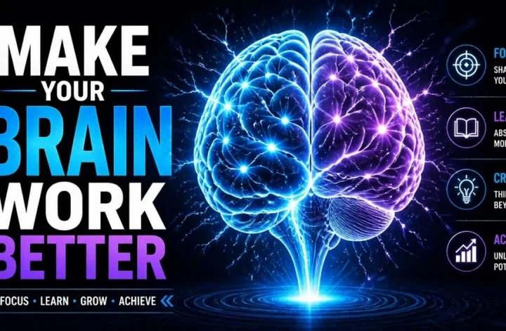 A glowing blue and purple human brain with electrical impulses illustrating how to make your brain work better.