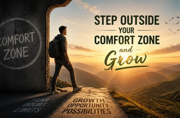 A young man stepping out of a dark cave labeled comfort zone looking towards a bright mountain landscape