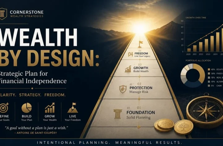 Wealth by Design strategic financial plan pyramid showing foundation, protection, growth, and freedom with portfolio allocation charts.
