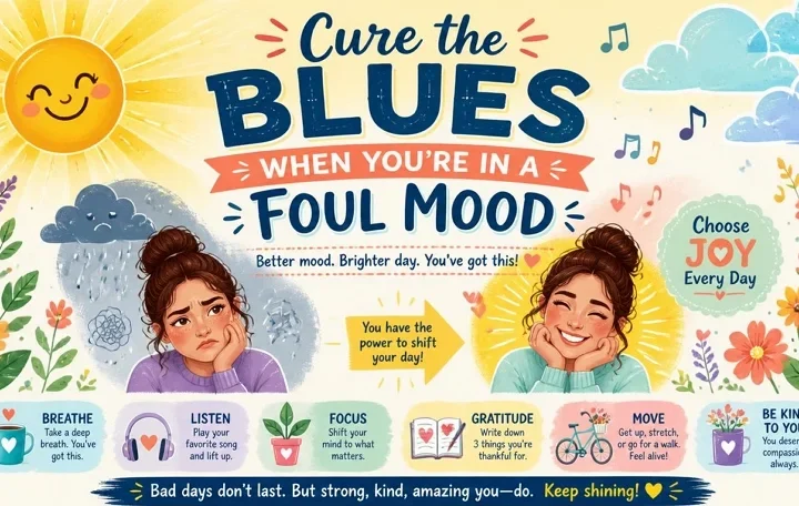 An infographic showing ways to cure the blues and lift a foul mood with a girl shifting from sad to happy.
