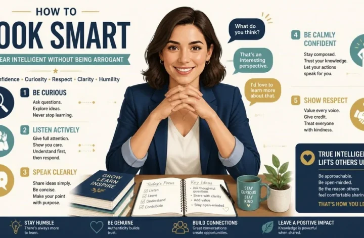 An infographic explaining how to look smart and appear intelligent without being arrogant