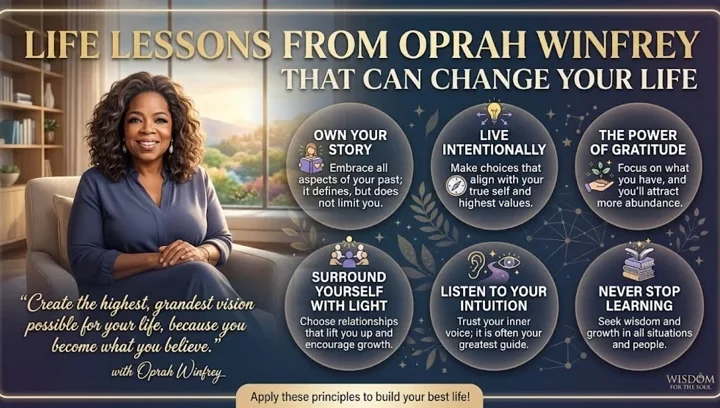 Oprah Winfrey life lessons infographic about gratitude, personal growth, intentional living, and lifelong learning.