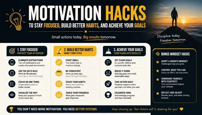 Motivation hacks infographic showing tips to stay focused, build better habits, and achieve goals.