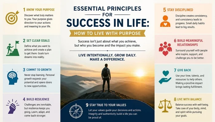Essential principles for success in life infographic illustrating personal growth, resilience, discipline, relationships, and living with purpose.