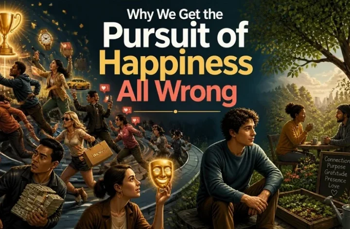 A conceptual illustration showing people chasing money, fame, and social media likes on a chaotic spiral path, contrasting with a calm couple discovering true happiness through connection and gratitude.