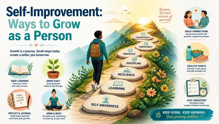 Self-improvement journey illustrating personal growth, learning, empathy, discipline, and healthy habits.