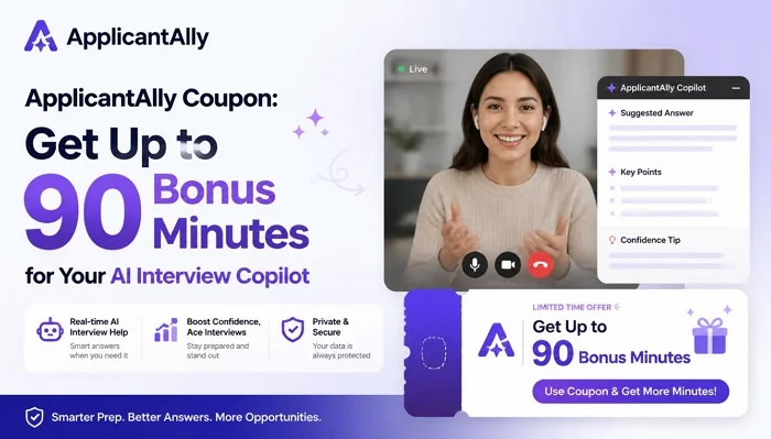 ApplicantAlly coupon offer banner showing up to 90 bonus minutes for the AI interview copilot software during a live video call.